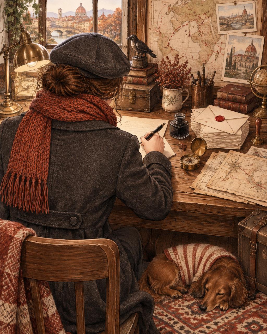 Illustration of Amaya seen from behind writing a letter at her desk, her face hidden, maps and a sleeping dachshund nearby