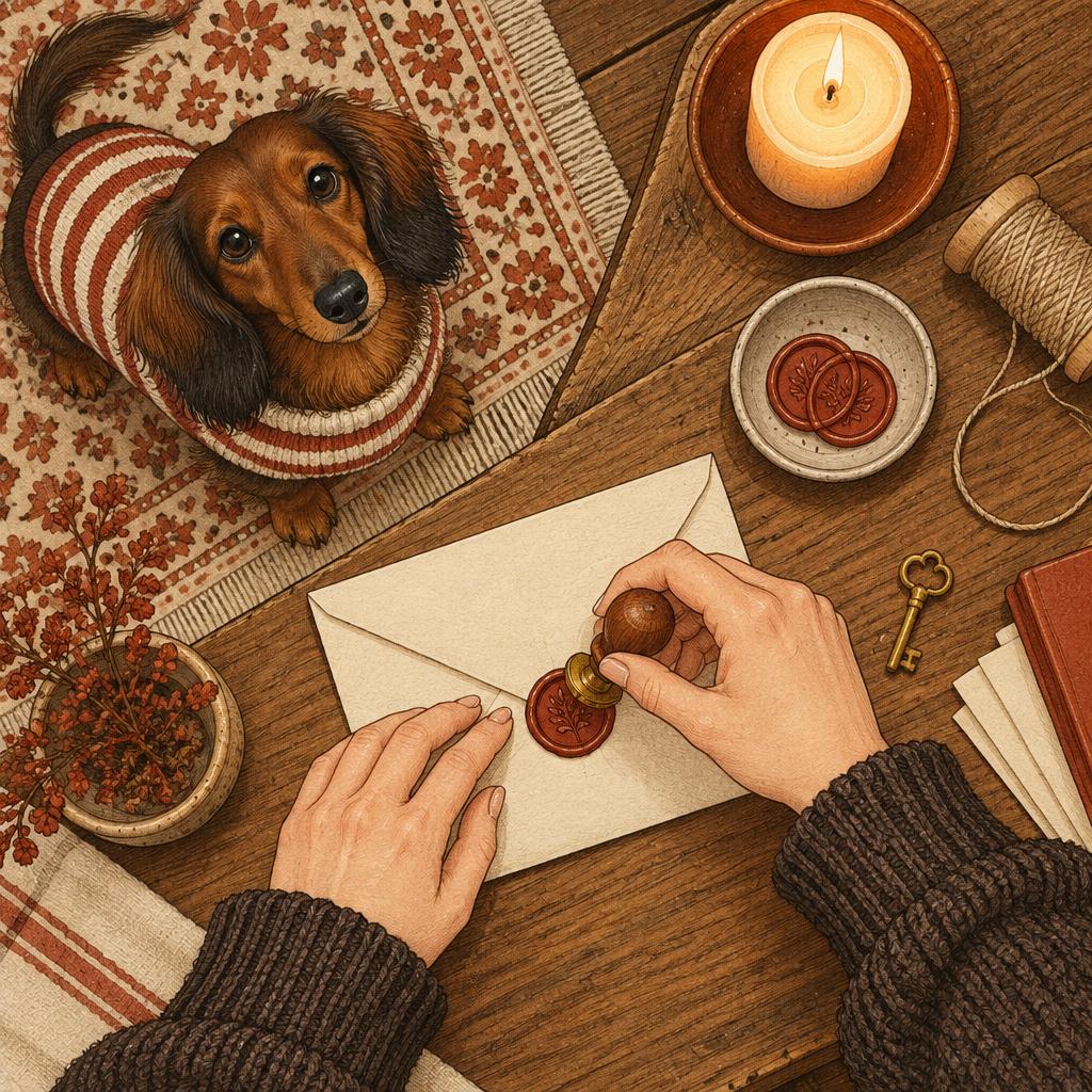 Illustration of gloved hands pressing a red wax seal onto an envelope while a dachshund watches