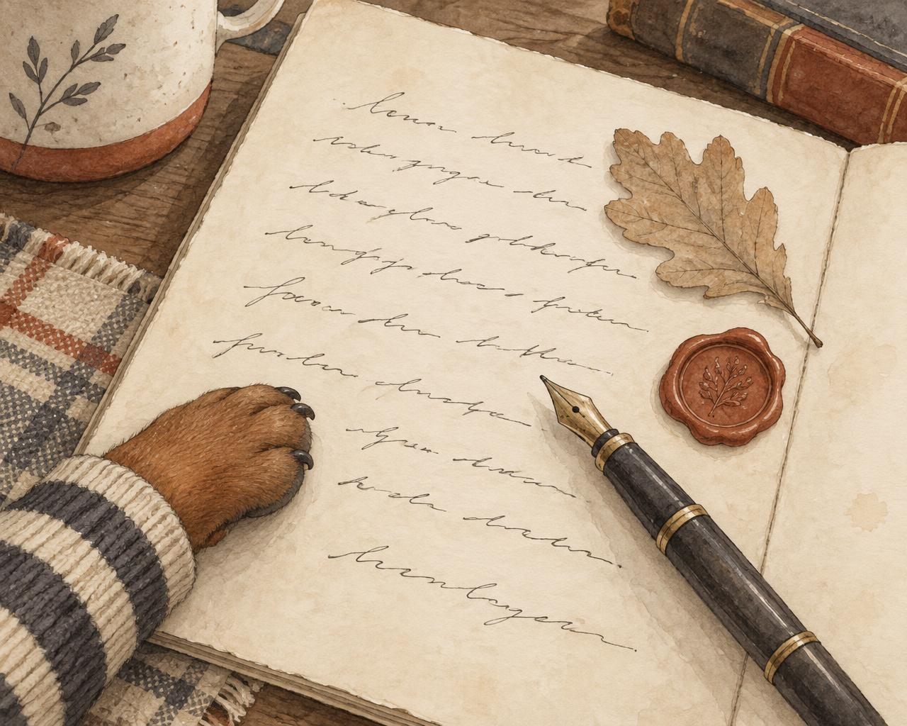 Illustration of an open letter page with a fountain pen, a pressed leaf and a red wax seal