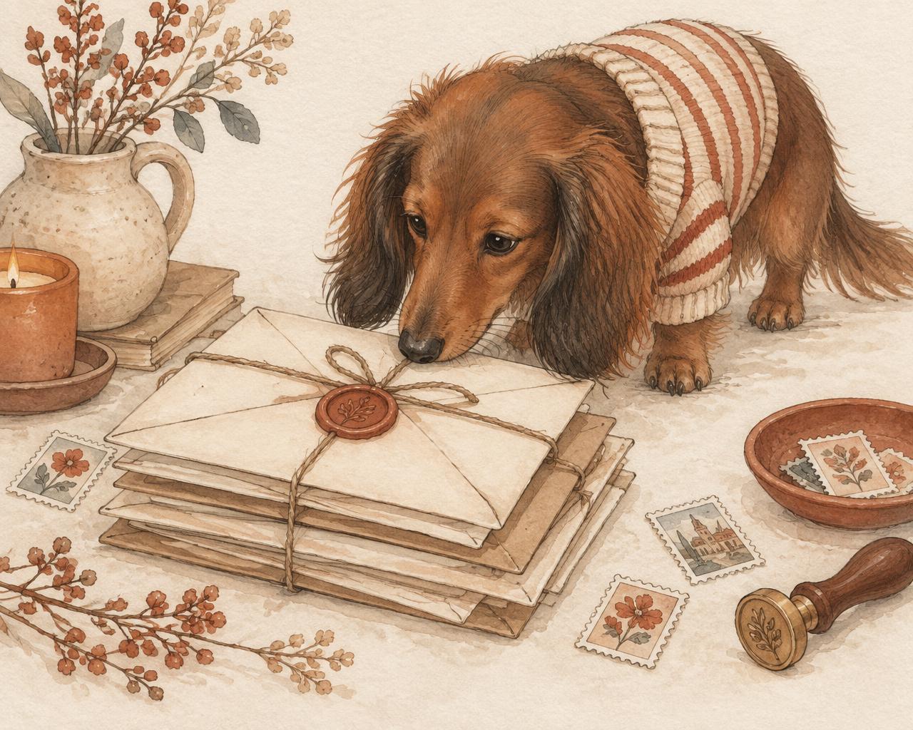 Illustration of a dachshund in a striped sweater sniffing a bundle of cream envelopes tied with twine